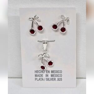 Set Red Cherry Pendant Necklace and Stud Earrings Plata 925 Sterling Silver